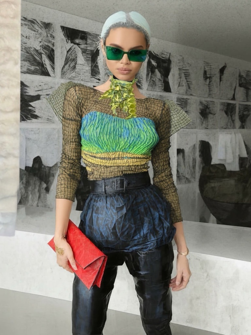 Hand Crafted Lime Green and Aquamarine Ruffled Ribbon Neck Scarf necklace